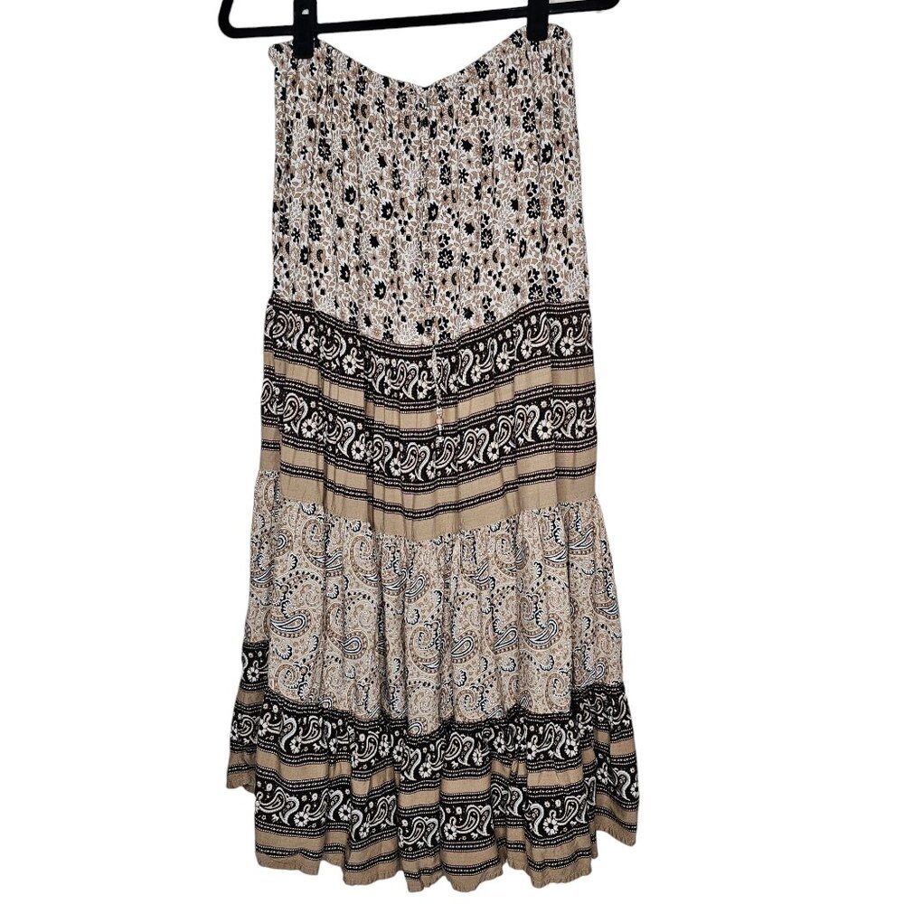 Y2K Vintage M Brown Tiered Maxi Skirt Floral Paisley Cowgirl Western Boho Hippie